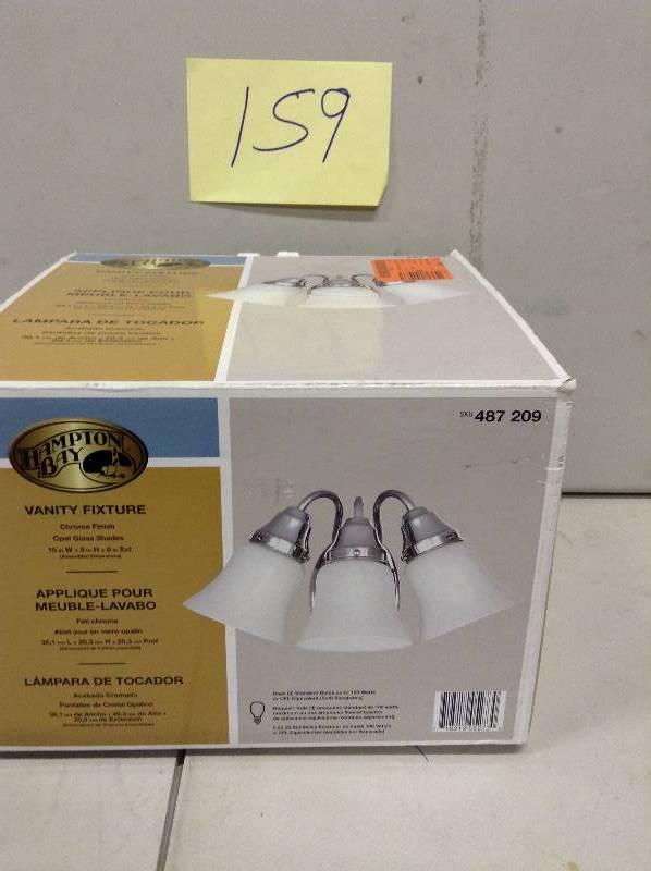 lot 159 image: Hampton Bay Vanity Fixture missing one glass shade
