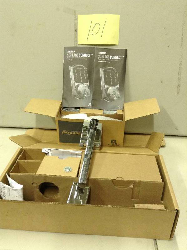 lot 101 image: Schlage Connect Camelot Satin Nickel Touchscreen Deadbolt with Alarm and Handleset with Accent Interior Lever never used
