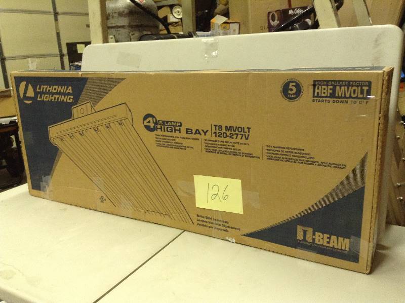 lot 126 image: Lithonia Lightning High Bay Industrial 6-Light Grey Hanging Fluorescent Fixture