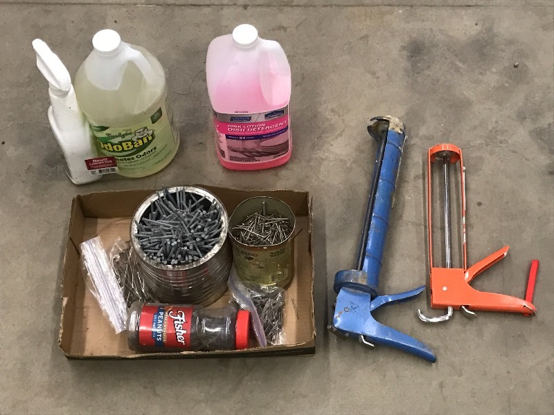 lot 73 image: Lot Of Assorted Nails, Caulk Guns,...