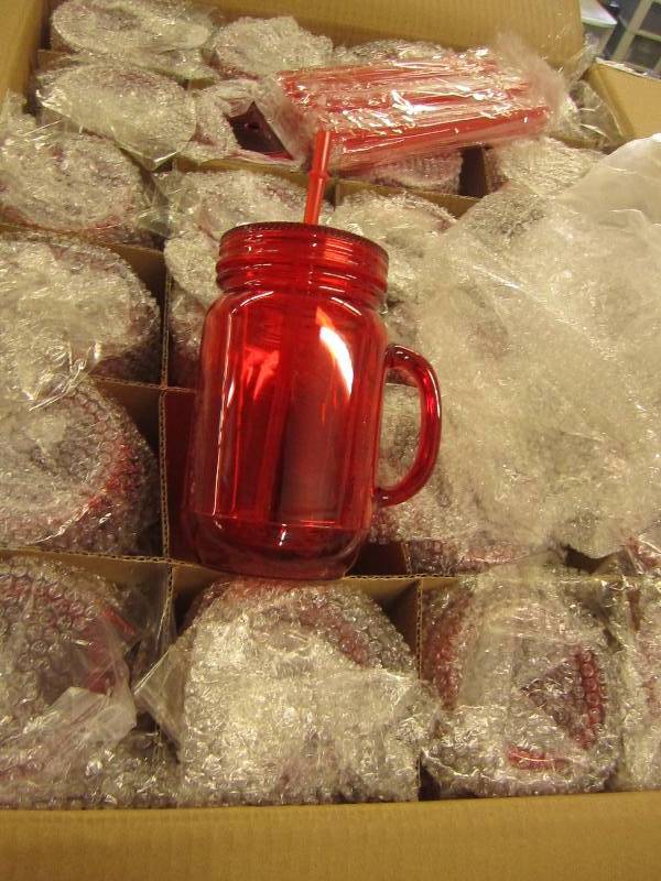 lot 43 image: 1 case of red plastic mason jar tum...