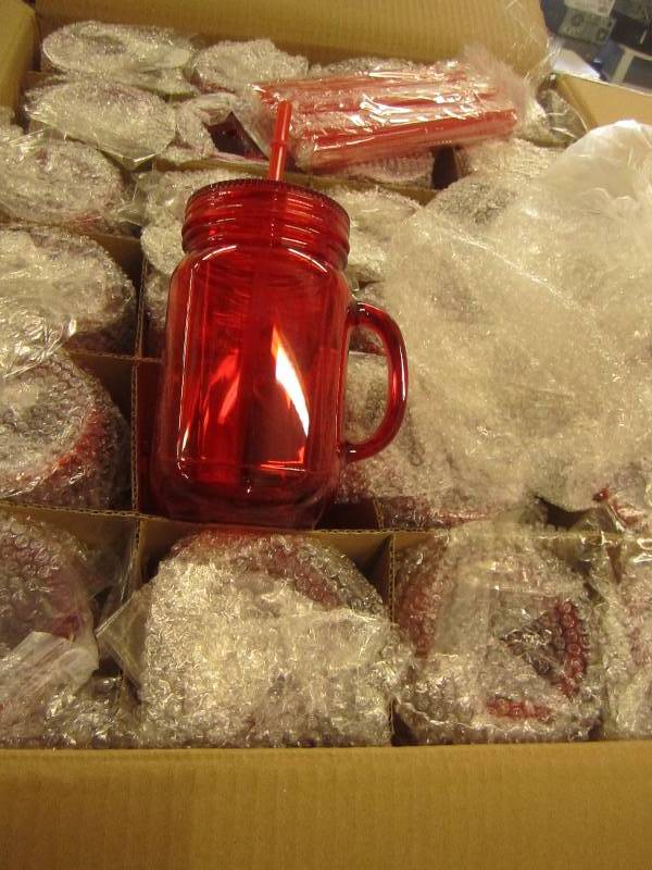 lot 44 image: 1 case of red plastic mason jar tum...
