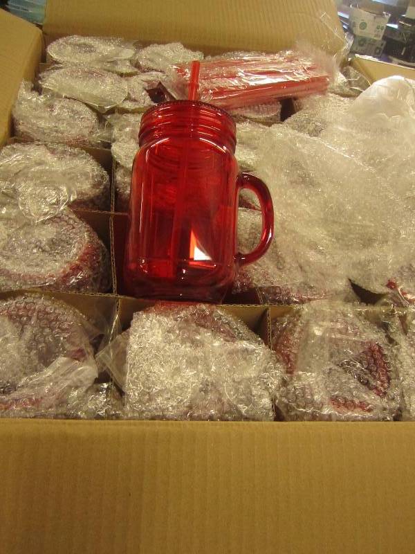 lot 45 image: 1 case of red plastic mason jar tum...