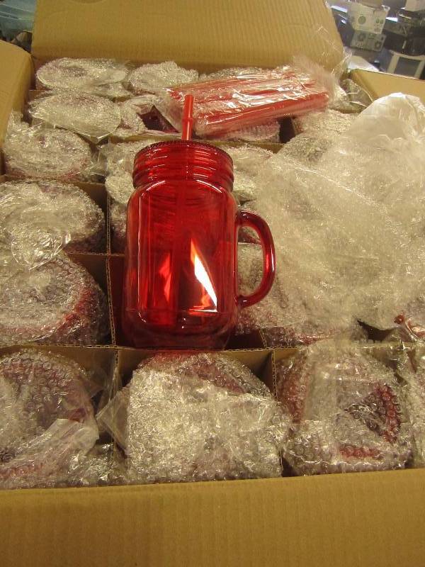 lot 46 image: 1 case of red plastic mason jar tum...