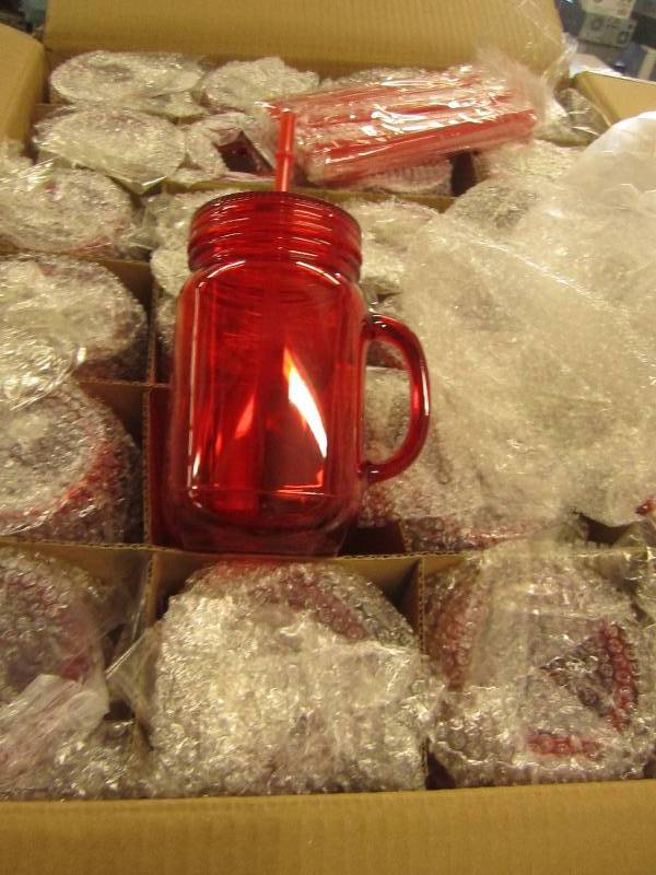 lot 47 image: 1 case of red plastic mason jar tum...