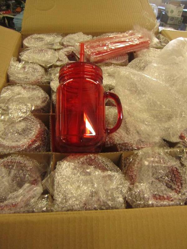 lot 48 image: 1 case of red plastic mason jar tum...