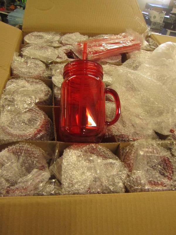 lot 49 image: 1 case of red plastic mason jar tum...