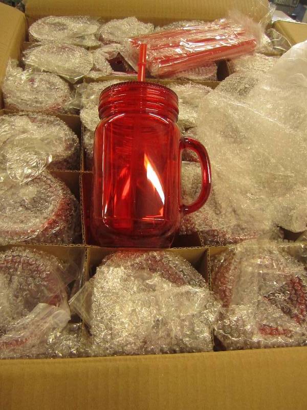 lot 51 image: 1 case of red plastic mason jar tum...