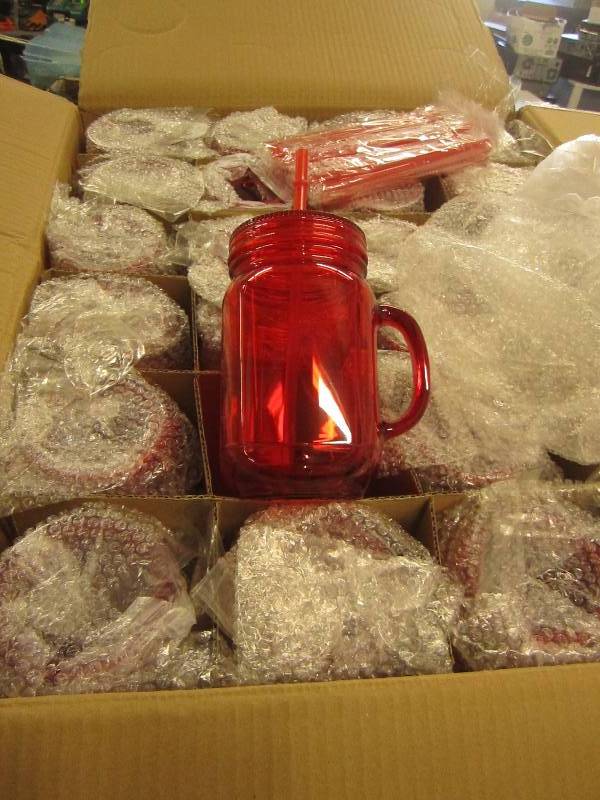 lot 52 image: 1 case of red plastic mason jar tum...