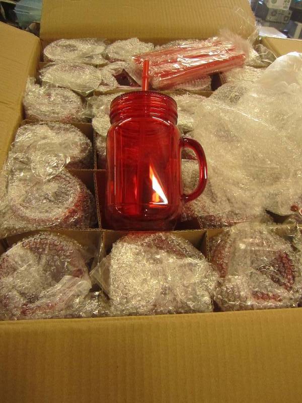 lot 54 image: 1 case of red plastic mason jar tum...