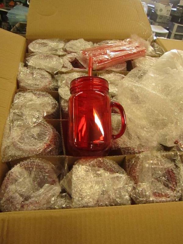 lot 55 image: 1 case of red plastic mason jar tum...