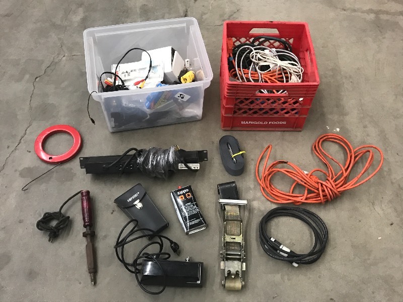lot 56 image: (2) Totes Of Assorted Straps, Elec...