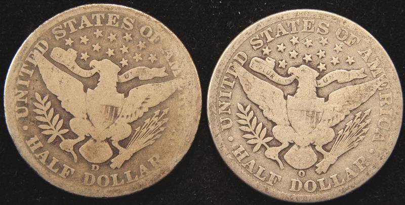 GROUP OF 2 BARBER SILVER HALF DOLLARS 1907-O & 1908-D