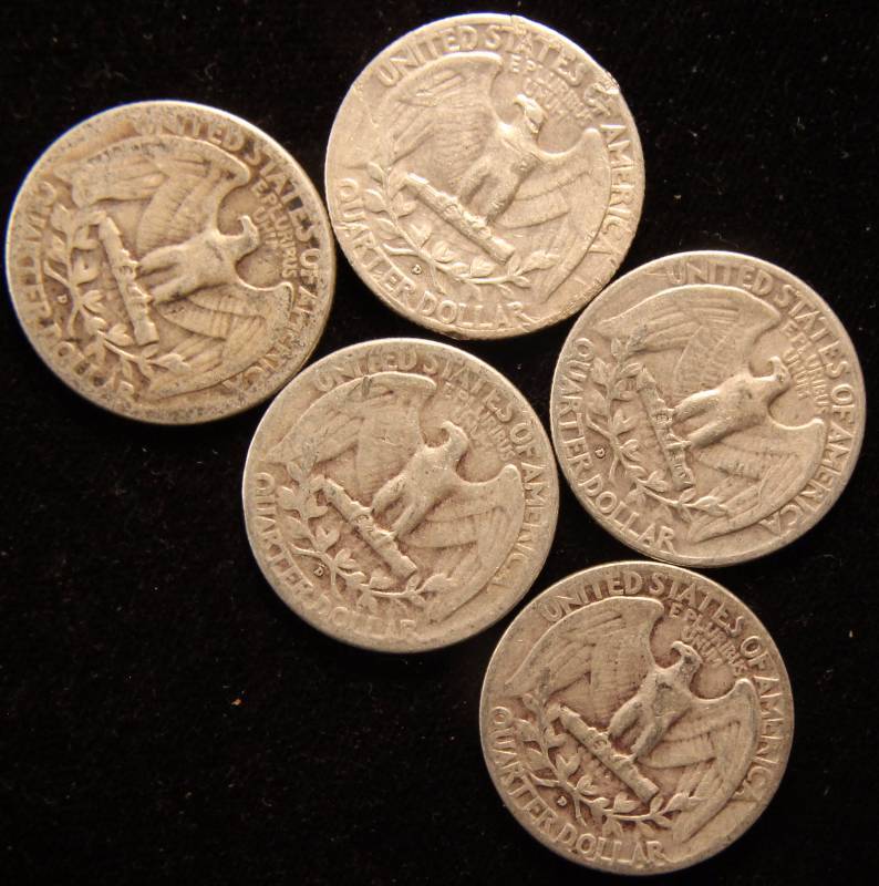 GROUP OF 5 WASHINGTON SILVER QUARTERS 1950D, 51D, 52D, 53D & 54D