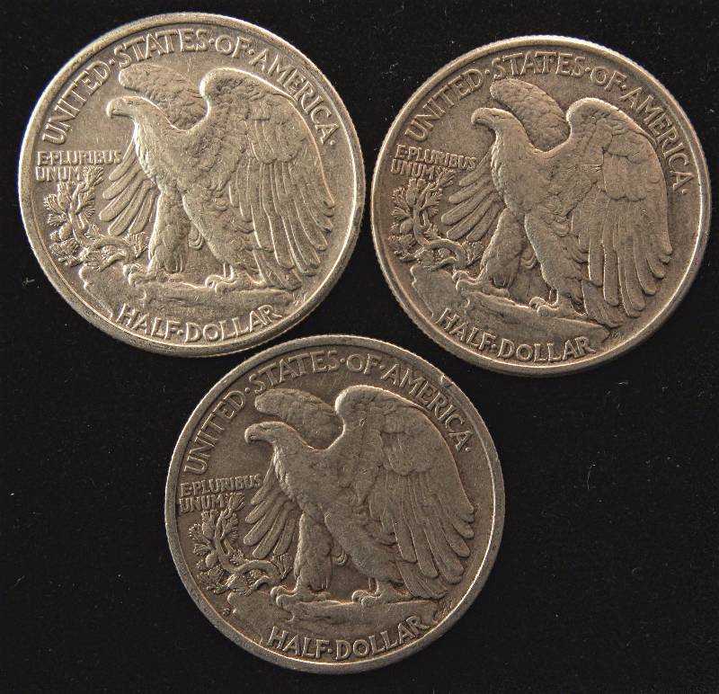 GROUP OF 3 WALKING LIBERTY SILVER HALF DOLLARS 1941, 1942S & 1945 XF-AU