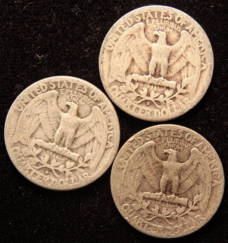 GROUP OF 3 WASHINGTON SILVER QUARTERS 1946-D, 1947-D, 1948-D