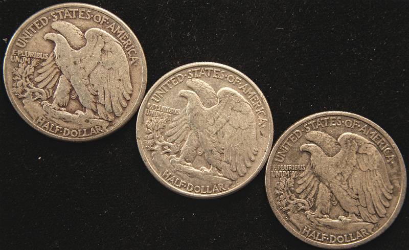 GROUP OF 3 WALKING LIBERTY SILVER HALF DOLLARS 1943S, 1945P & 1946P VF-XF