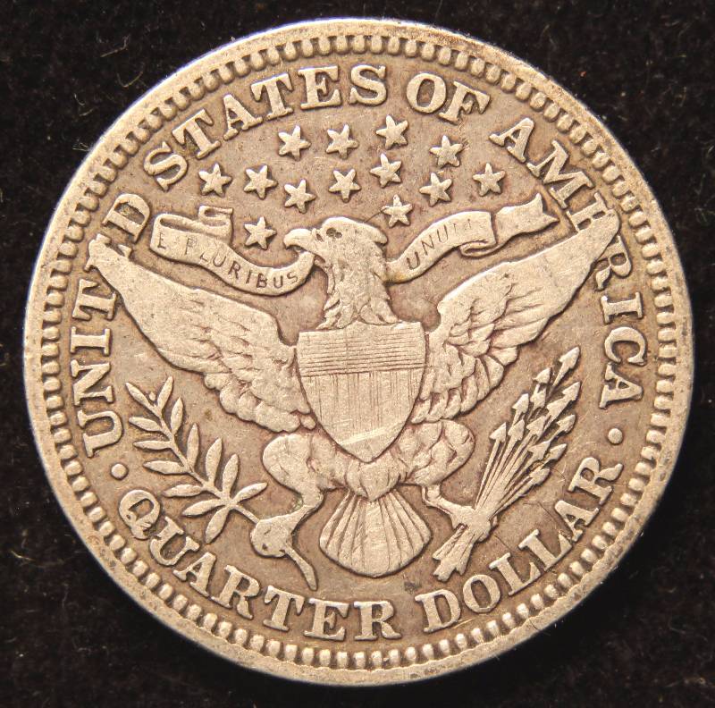 1908 BARBER SILVER QUARTER VF