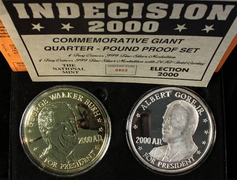 8 TROY OZ .999 FINE SILVER (4OZ X2) INDECISION 2000 COMMEMORATIVE BUSH-GORE IN AIRTITE AND BOX