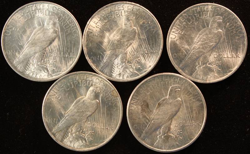GROUP OF 5 UNC PEACE SILVER DOLLARS AS PICTURED