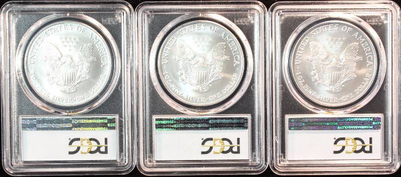 GROUP OF 3 - 2007 AMERICAN SILVER EAGLES 1 TROY OZ. .999 FINE SILVER DOLLAR MS69 PCGS