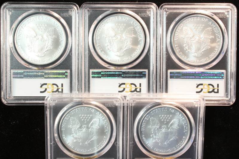 GROUP OF 5 - 2007 AMERICAN SILVER EAGLES 1 TROY OZ. .999 FINE SILVER DOLLAR MS69 PCGS