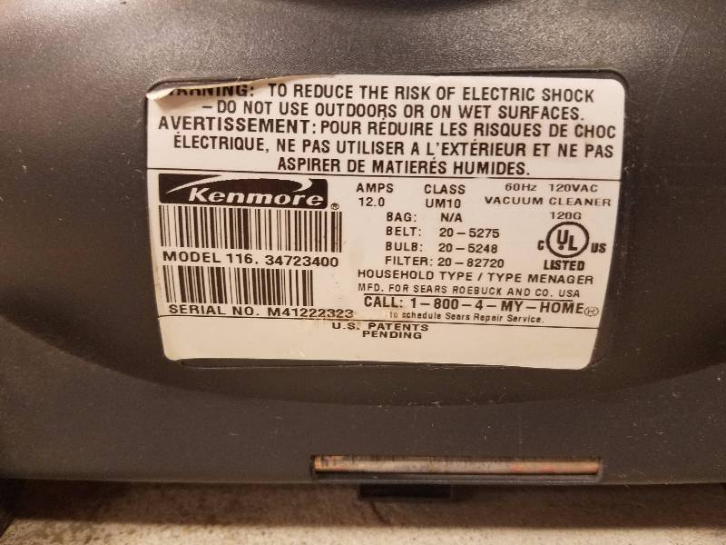 Kenmore Upright Model 11634723400 Grab 'N Go 12 Amps Bagless Vacuum