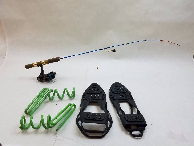 lot 204 image: Ice Fishing Lot of 3 Shimano AXUL-S Ultra Light Special Graphite Fishing Reel with pole, 2 Rod Holders, Pair of XL STABILicers Walk Stabilicers Ice Traction Cleat for Snow and Ice EXCELLENT WORKING CONDITION