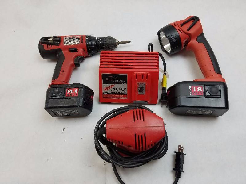 lot 211 image: Milwaukee Tools Lot of 4 Compact Driver-Drill with Battery, Pivoting Head Work Light with Battery, Sheet Orbital Sander, One Hour AC Charger GOOD WORKING CONDITION