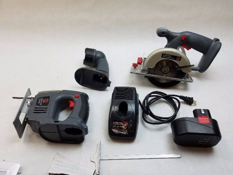 lot 215 image: Off-Brand Lot of 4 - Cordless Jig Saw 18V Model 241-9910, Cordless Circular Saw 18V Model 241-9910, Corless Work Light 18V Model 241-9910, 18V Charger, 1 18V Battery GOOD WORKING CONDITION
