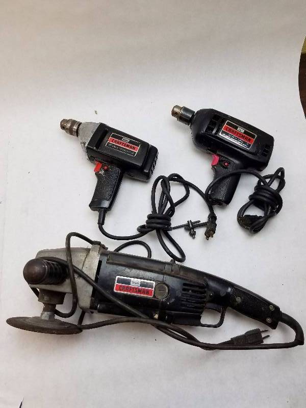 lot 235 image: Craftsman Lot of 3 - Craftsman Model 315.10040 120V 38in Drill, Craftsman Model 315.10510 Double Insulated 120V 38in Drill, Craftsman Model 315.10570 Double Insulated 120V 7in Sander GOOD WORKING CONDITION