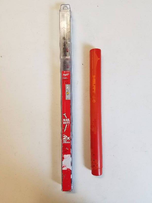 lot 255 image: Bit Set of 2 - Hilti 1in x 13in Hammer Drill Bit with Case, Milwaukee 12in x 18in Ship Auger Bit with Original Packaging GREAT CONDITION