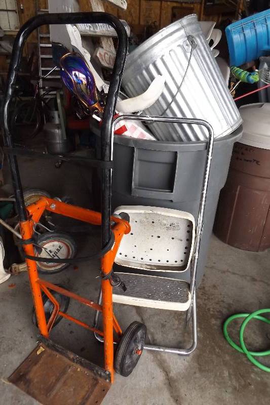 lot 208 image: Dolly, Folding Step Stool, Garbage Cans, Yard Dcor