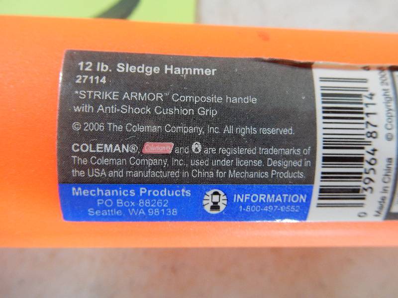 lot 33 image: Coleman, 6 lb Axe, 12 lb sledge hammer