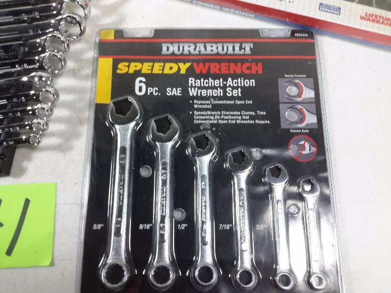 lot 41 image: Tie Downs, Stubby Wrench Sets, SAE Wrench Set  Durabuilt, 6 piece Ratchet Action Wrench Set