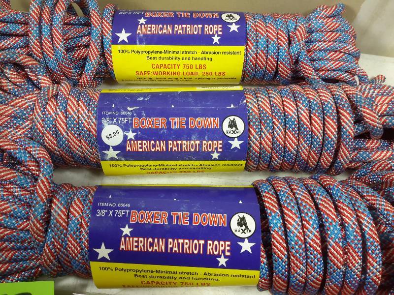 lot 58 image: 3 Rolls of PATRIOTIC Rope.. 75 ft roll   Set of 1in x 6ft Tie Downs
