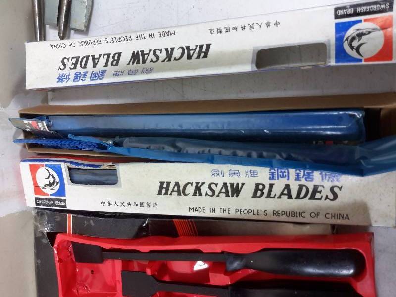 lot 59 image: Set of Durabuilt, Ratchet Action Wrenches, 4 Scrapers HUGE LOT of Hack Saw Blades 2 Screwdriver type pry bars, 2 Solid steel pry bars