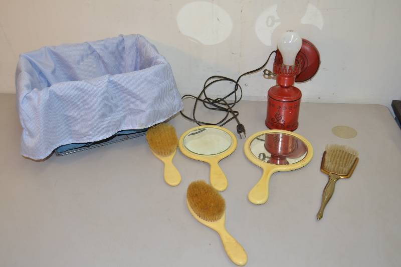 lot 50 image: Dresser Sets, Bread Basket, Wall Light