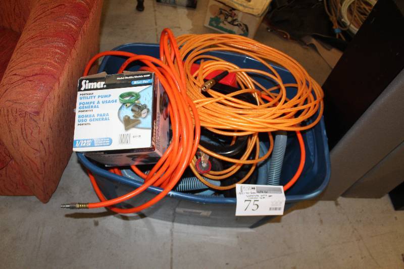 lot 75 image: Bin Lot Includes 14,38in. Air Hoses, Submersible  Creeper Seat