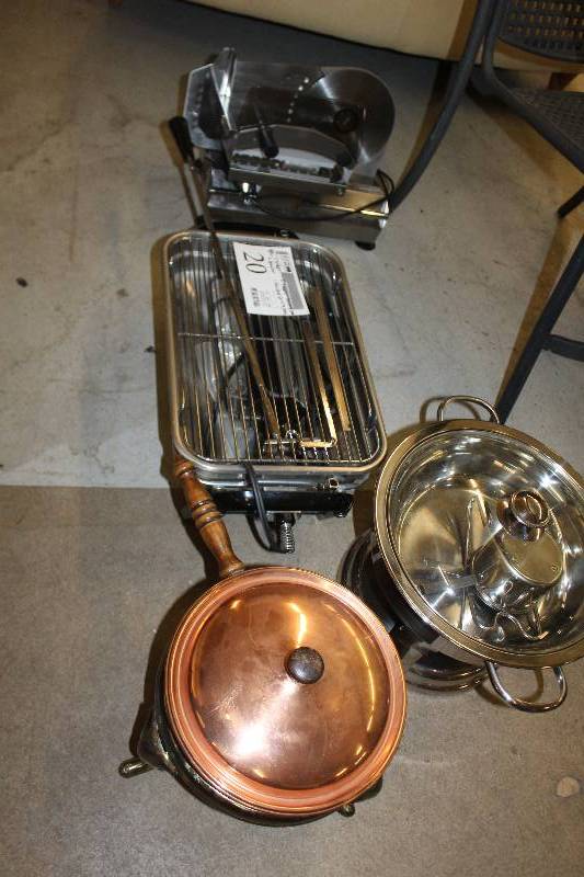 lot 20 image: Lot of (4) Kitchenware Includes Slicer, Broiler, Copper Serving Pan, Stainless Steel Serving Pan
