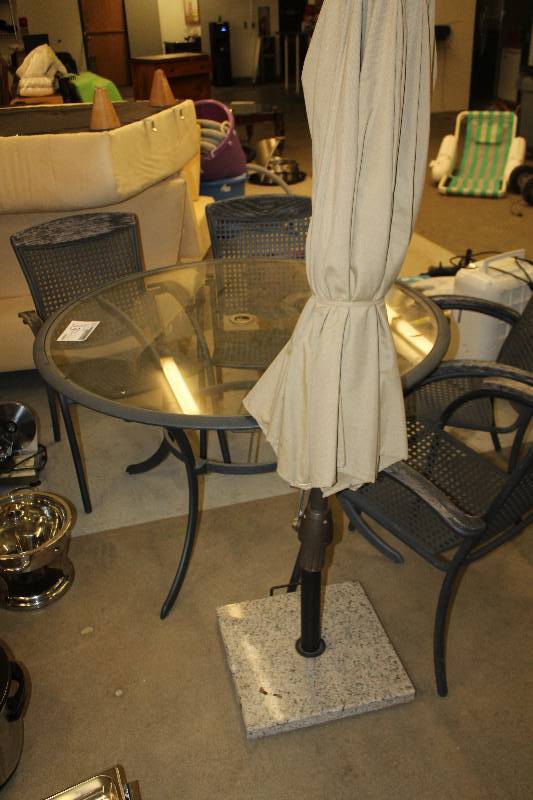 lot 33 image: Glass-Top Patio Table Set w Umbrella
