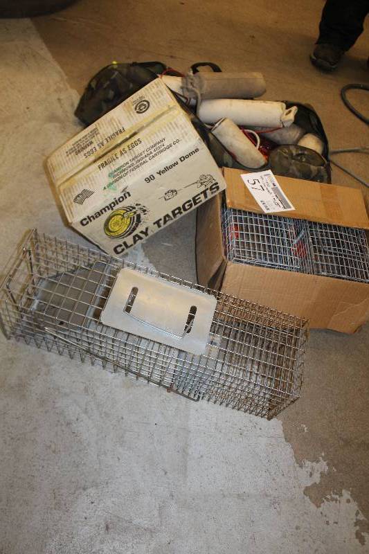 lot 57 image: Lot of (4) Sporting Equipment Includes 1) Trap AND 1) Clay Targets AND 1) Bag of Training AND 1) Box Pigeon Cases