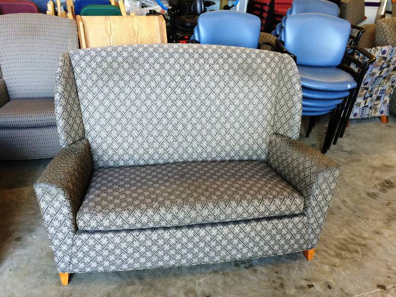 lot 10 image: Retails New $2500 High End David Edwards Fly Collection High Back Waiting Room Healthcare Upholstered Wing Back Settee Designed by Max Pearson - Nice Condition No Tears In Fabric - Wear To Arms