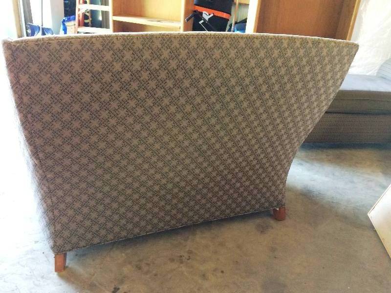 lot 9 image: Retails New $2500 High End David Edwards Fly Collection High Back Waiting Room Healthcare Upholstered Wing Back Settee Designed by Max Pearson - Nice Condition No Tears In Fabric - Wear To Arms