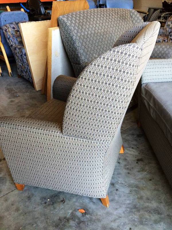 lot 12 image: Retails New $1000 High End David Edwards Fly Collection High Back Waiting Room Healthcare Upholstered Wing Back Arm Chair Designed by Max Pearson - Nice Condition No Tears In Fabric Light Wear To Arms