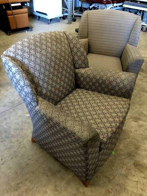 lot 14 image: Retails New $1000 High End David Edwards Fly Collection Low Back Waiting Room Healthcare Upholstered Wing Back Arm Chair Designed by Max Pearson - Nice Condition No Tears In Fabric Light Wear To Arms