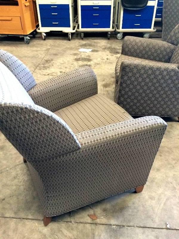 lot 17 image: Retails New $1000 High End David Edwards Fly Collection Low Back Waiting Room Healthcare Upholstered Wing Back Arm Chair Designed by Max Pearson - Nice Condition Light Wear To Arms