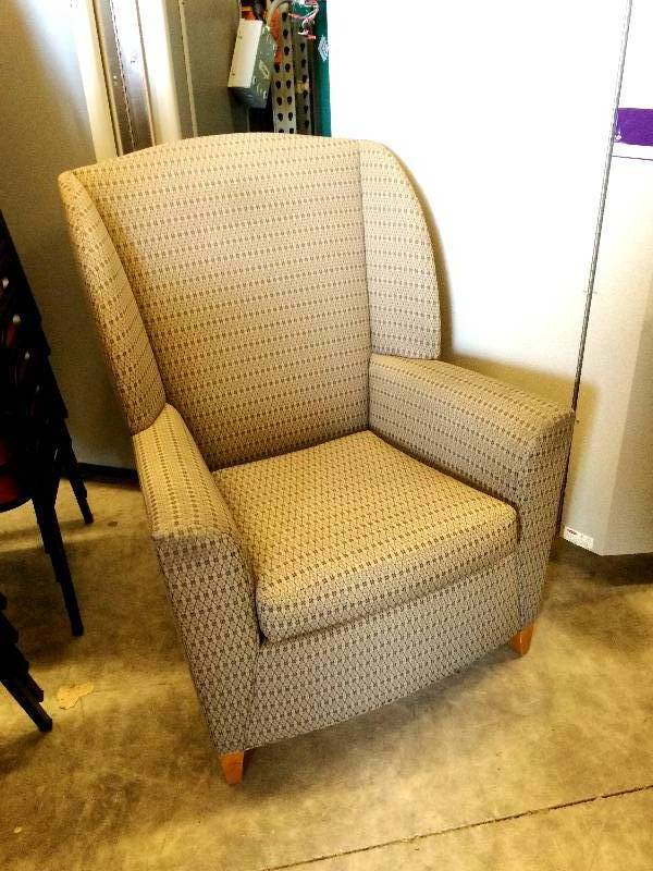 lot 13 image: Retails New $1000 High End David Edwards Fly Collection High Back Waiting Room Healthcare Upholstered Wing Back Arm Chair Designed by Max Pearson - Nice Condition No Tears In Fabric Light Wear To Arms