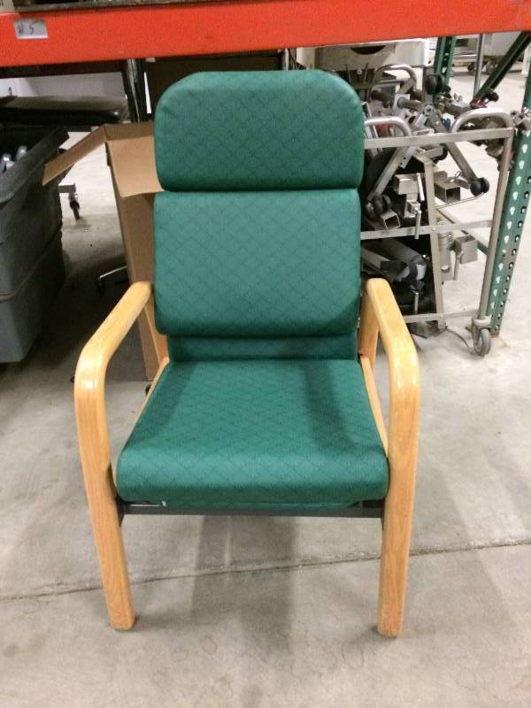lot 42 image: Hill Rom Orthapedic Health Care Seating Medical Nursing Home TV Entertainment Center Mobile Lounge Chair With Boltaflex Protectant Vinyl & Oak Accents - Nice Condition