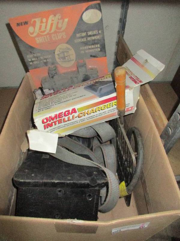 battery charger - shelf clips - strap - wood box - vintage sack